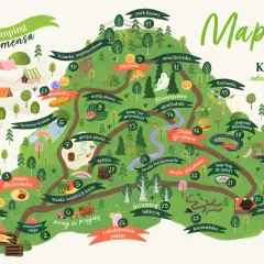 Mapa Sady Klemensa - atrakcje: park linowy, ścianka wspinaczkowa, pizzeria, karuzela, amfiteatr, bistro i wiele więcej dla całej rodziny.