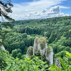 Skaliste formacje i bujna zieleń w jednym z parków narodowych w Polsce. W oddali widać dom wśród drzew.