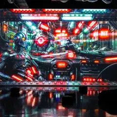 Roboty w futurystycznym wnętrzu, neonowe światła, odbicia na podłodze. Instalacja "Melt Museum Warszawa" przenosi w świat science-fiction.