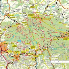 Mapa Gór Izerskich z zaznaczonymi szlakami turystycznymi, miejscowościami i wzniesieniami.