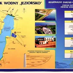 Mapa zbiornika wodnego "Jeziorsko" z zaznaczonymi atrakcjami, infrastrukturą i danymi technicznymi.