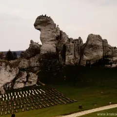 Skalne miasto podzamcza z turystami na szczytach. W dole rzędy drewnianych ławek na trawiastym placu.