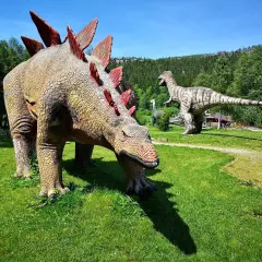 W parku dinozaurów karłów Stegozaur pochyla się do trawy, podczas gdy Tyranozaur czuwa w oddali.