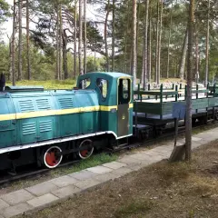 Zielona lokomotywa z żółtym pasem i wagonami na torach leśnych. Ekspozycja w Muzeum Obrony Wybrzeża w Helu.