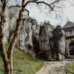 Ojcowski Park Narodowy atrakcje: ruiny zamku na skale, kamienna wieża bramna i ścieżka wśród zieleni.