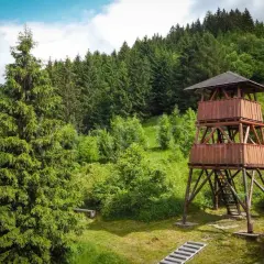Drewniana wieża widokowa Słowacja, otoczona bujną zielenią lasu i wzgórz. Idealne miejsce na podziwianie panoramy.