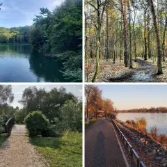 Malownicze krajobrazy: spokojna woda otoczona lasem, ścieżka w jesiennym lesie, mostek w zielonym parku, nadbrzeżna promenada. Jakby z Doliny Siedmiu Młynów.
