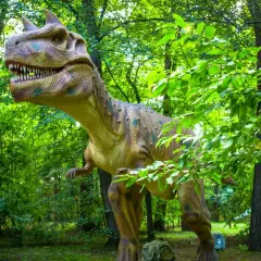 Witaj w parku ruchomych dinozaurów! Gigantyczny, realistyczny T-Rex czeka na Ciebie wśród bujnej zieleni.