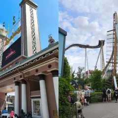 Wejście do Liseberg, goteborg park rozrywki, z widokiem na kolejkę górską w tle.