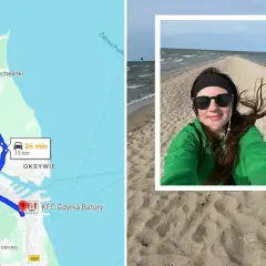 Mapa pokazuje trasę do Rewy, gdzie czekają atrakcje. Uśmiechnięta kobieta na piaszczystej plaży cieszy się wiatrem i widokiem na morze.