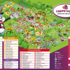 Mapa interaktywnego stężyca park rozrywki z atrakcjami, gastronomią i pamiątkami. Królik w cylindrze zaprasza do zabawy!