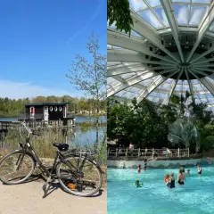 Holandia park rozrywki: domki na wodzie i rower czekają na zwiedzanie, a w środku tropikalny basen z palmami.