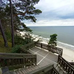 Drewniane schody prowadzą na plażę z widokiem na morze. W oddali widać las i **kaczą górę**.