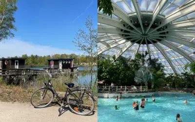 Holandia park rozrywki: domki na wodzie i rower czekają na zwiedzanie, a w środku tropikalny basen z palmami.
