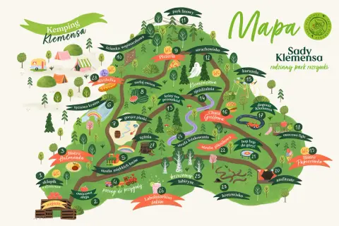 Mapa Sady Klemensa - atrakcje: park linowy, ścianka wspinaczkowa, pizzeria, karuzela, amfiteatr, bistro i wiele więcej dla całej rodziny.