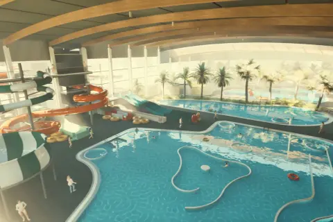 Wesoła zabawa w aquapark Lubin: zjeżdżalnie, baseny i palmy tworzą tropikalny klimat.