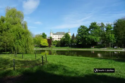 Zamek w Książu, jedna z największych atrakcji Dolnego Śląska, otoczony zielenią i stawem.