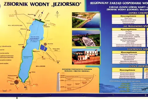 Mapa zbiornika wodnego "Jeziorsko" z zaznaczonymi atrakcjami, infrastrukturą i danymi technicznymi.