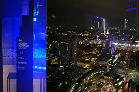Nocna panorama Warszawy z tarasu widokowego Varso Tower. Widać Pałac Kultury i Nauki oraz oświetlone budynki.