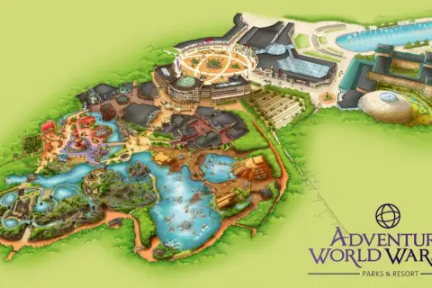 Mapa parku rozrywki Adventure World Warsaw z atrakcjami, wodnymi placami zabaw i budynkami.