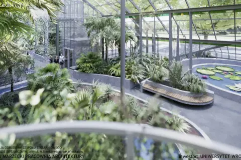 Wrocław, palmiarnia w ogrodzie botanicznym: bujna roślinność, wodospad, staw z liliami wodnymi i ławka.