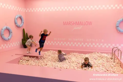 Dzieci bawią się w basenie z piankami w Muzeum Krakowa. Radość i beztroska w różowym świecie.
