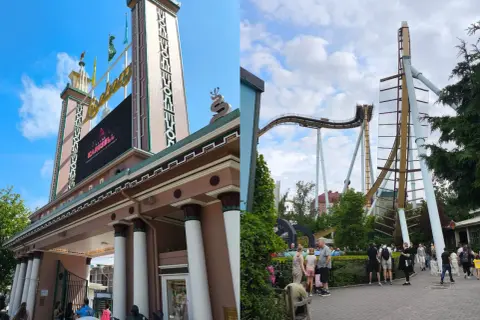 Wejście do Liseberg, goteborg park rozrywki, z widokiem na kolejkę górską w tle.