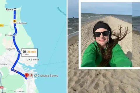 Mapa pokazuje trasę do Rewy, gdzie czekają atrakcje. Uśmiechnięta kobieta na piaszczystej plaży cieszy się wiatrem i widokiem na morze.