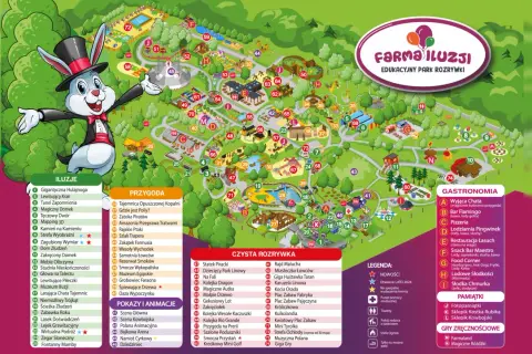 Mapa interaktywnego stężyca park rozrywki z atrakcjami, gastronomią i pamiątkami. Królik w cylindrze zaprasza do zabawy!