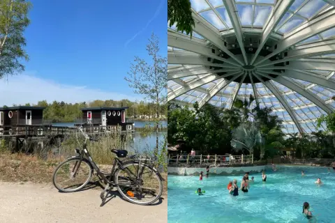 Holandia park rozrywki: domki na wodzie i rower czekają na zwiedzanie, a w środku tropikalny basen z palmami.