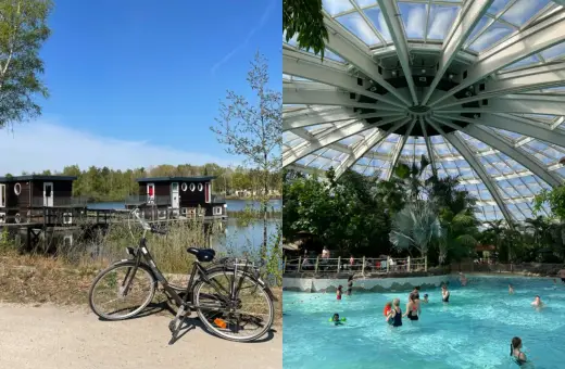 Holandia park rozrywki: domki na wodzie i rower czekają na zwiedzanie, a w środku tropikalny basen z palmami.