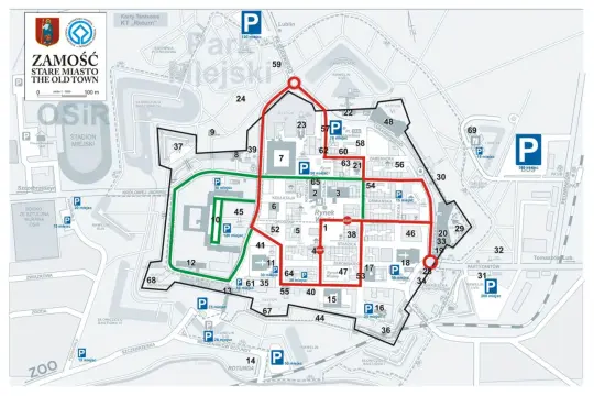 Mapa Zamościa z zaznaczonymi trasami spacerowymi i parkingami. Odkryj zamość atrakcje!