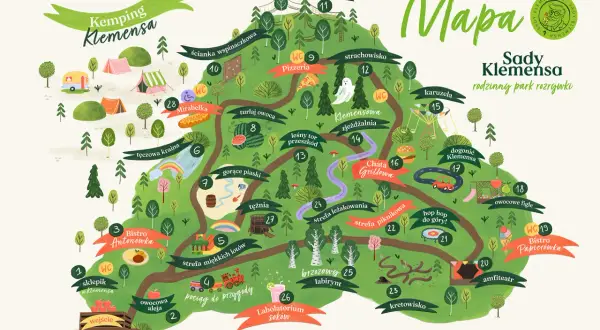 Mapa Sady Klemensa - atrakcje: park linowy, ścianka wspinaczkowa, pizzeria, karuzela, amfiteatr, bistro i wiele więcej dla całej rodziny.