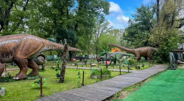 Spacer po parku z dinozaurami w Warszawie. Gigantyczne modele prehistorycznych stworzeń wśród zieleni i drewnianych ścieżek.