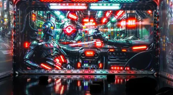 Roboty w futurystycznym wnętrzu, neonowe światła, odbicia na podłodze. Instalacja "Melt Museum Warszawa" przenosi w świat science-fiction.