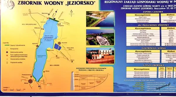 Mapa zbiornika wodnego "Jeziorsko" z zaznaczonymi atrakcjami, infrastrukturą i danymi technicznymi.