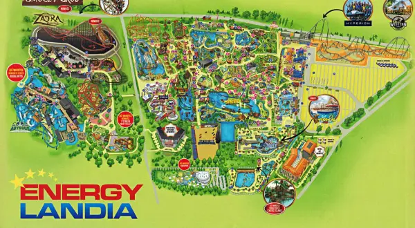Mapa Energylandii z atrakcjami dla dzieci do 120 cm. Zobacz Zadrę, Mayan, Hyperiona i inne!