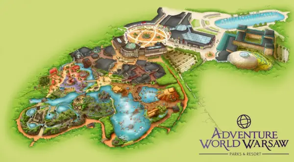 Mapa parku rozrywki Adventure World Warsaw z atrakcjami, wodnymi placami zabaw i budynkami.