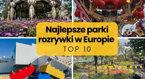 Kolaż zdjęć przedstawiający atrakcje z najlepszych parków rozrywki w Europie: karuzela, baśniowe drzewo, budynek z klocków Lego i przejażdżka pojazdami.