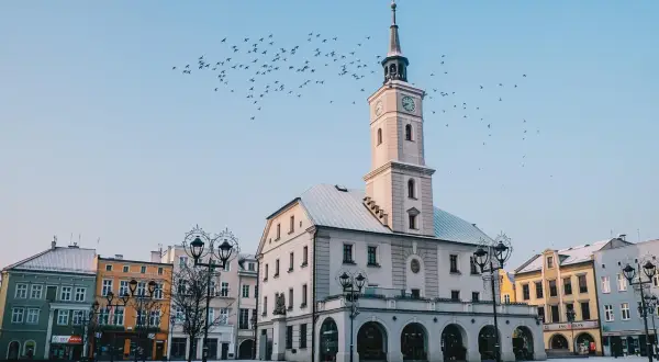 Ratusz w Gliwicach zimową porą, z ptakami na niebie. Wspaniałe gliwice atrakcje, które warto zobaczyć.