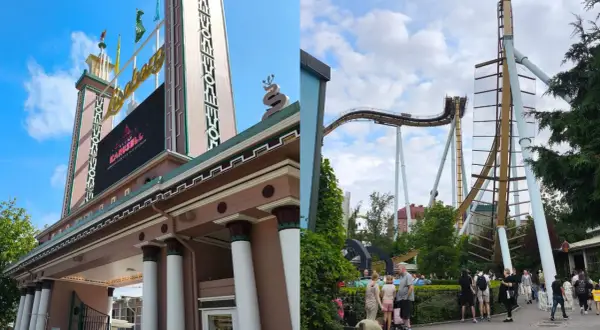 Wejście do Liseberg, goteborg park rozrywki, z widokiem na kolejkę górską w tle.