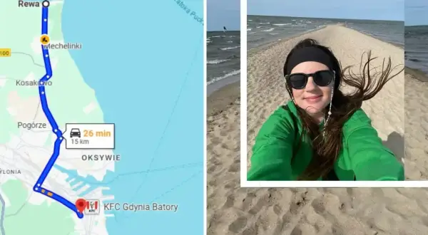Mapa pokazuje trasę do Rewy, gdzie czekają atrakcje. Uśmiechnięta kobieta na piaszczystej plaży cieszy się wiatrem i widokiem na morze.