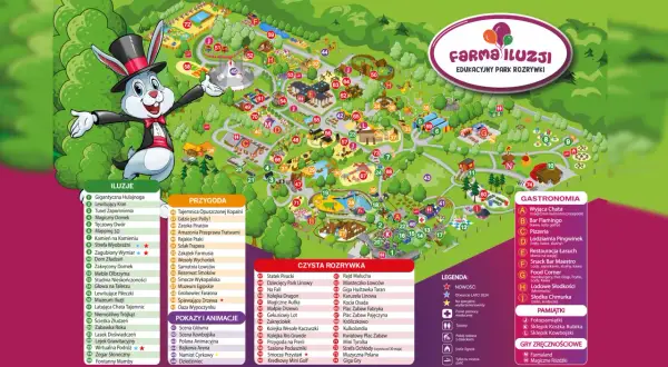 Mapa interaktywnego stężyca park rozrywki z atrakcjami, gastronomią i pamiątkami. Królik w cylindrze zaprasza do zabawy!