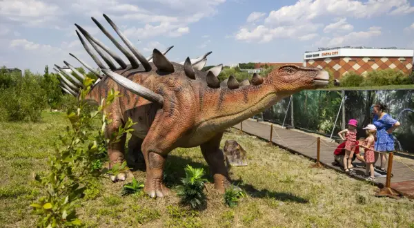 Model dinozaura w parku dinozaurów Kraków. Dzieci oglądają stegozaura.