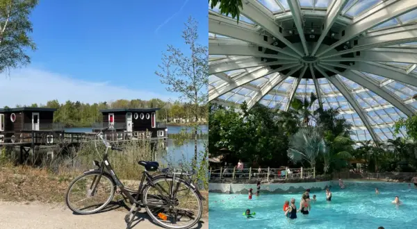 Holandia park rozrywki: domki na wodzie i rower czekają na zwiedzanie, a w środku tropikalny basen z palmami.