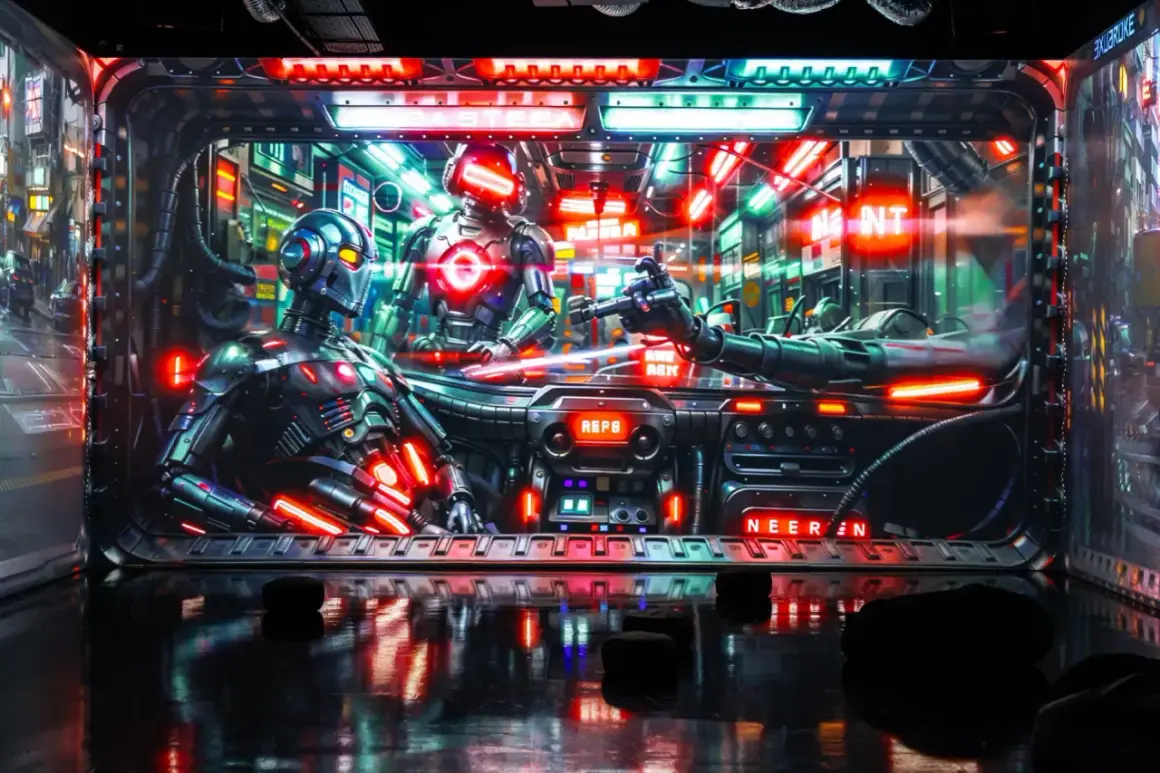 Roboty w futurystycznym wnętrzu, neonowe światła, odbicia na podłodze. Instalacja "Melt Museum Warszawa" przenosi w świat science-fiction.