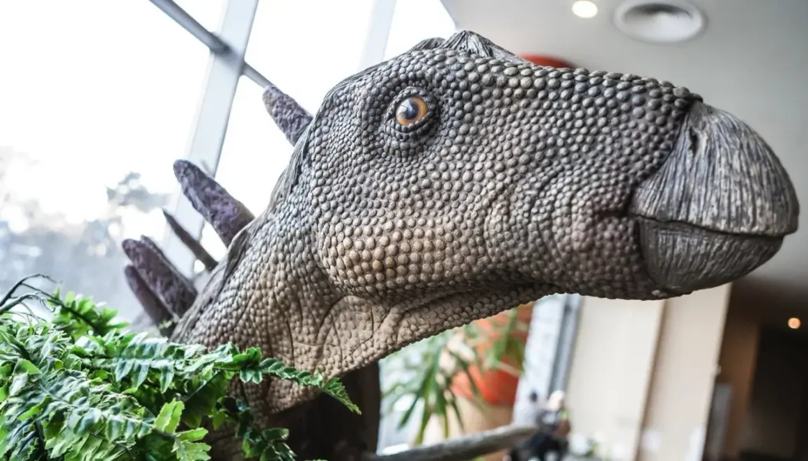 Głowa dinozaura w parku dinozaurów Zakopane, otoczona zielonymi paprociami.