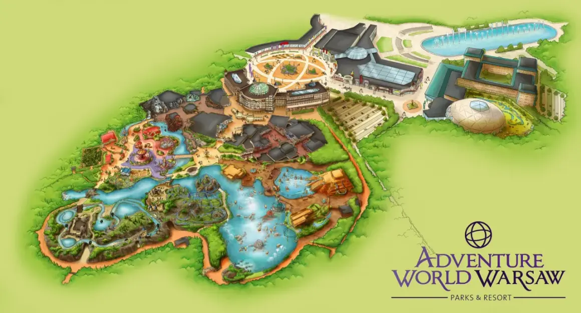 Mapa parku rozrywki Adventure World Warsaw z atrakcjami, wodnymi placami zabaw i budynkami.