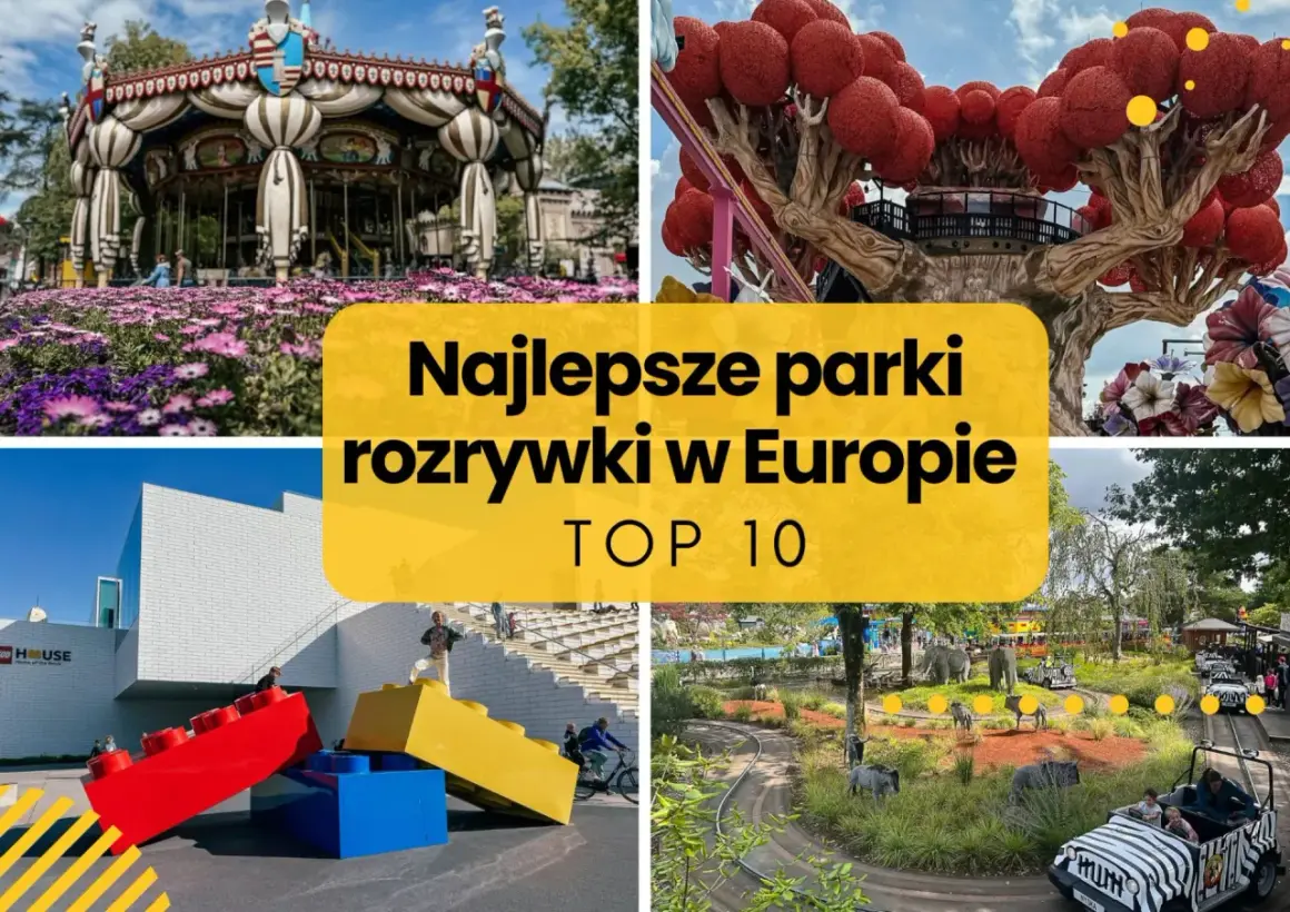 Kolaż zdjęć przedstawiający atrakcje z najlepszych parków rozrywki w Europie: karuzela, baśniowe drzewo, budynek z klocków Lego i przejażdżka pojazdami.