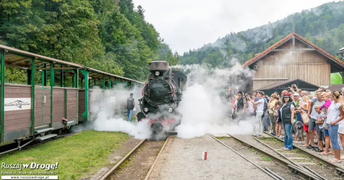 Parowóz z wagonami na tle górskich lasów. Tłum ludzi, w tym dzieci, obserwuje parę wydobywającą się z lokomotywy. Bieszczady atrakcje dla dzieci.